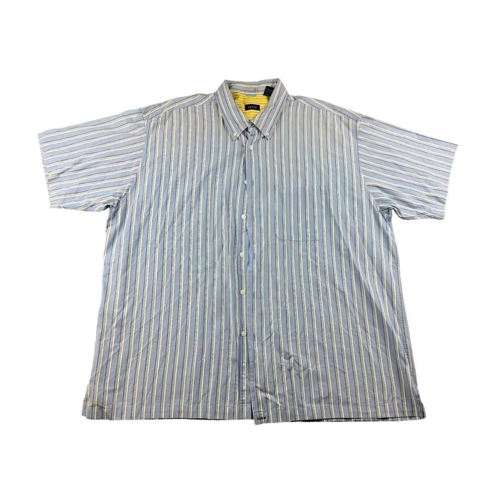 Y2K IZOD Button Front Shirt Men XXL Blue‎ White Striped Cotton Short Sleeve Work